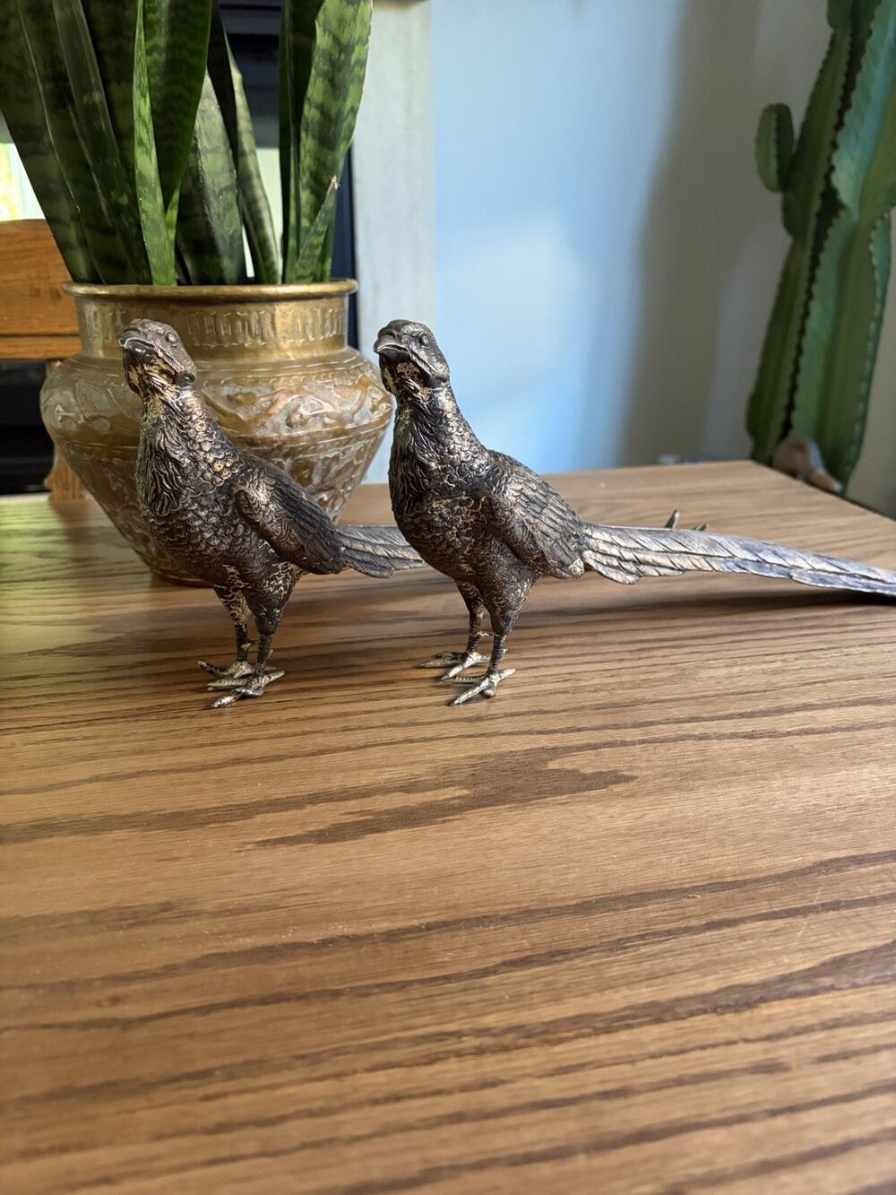 Antique 1920s Weidlich Silver Plated Pheasants 17" Set Of Metal Pheasant Figures